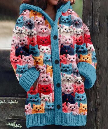 Colorful Cats Pattern Cozy Hooded Cardigan